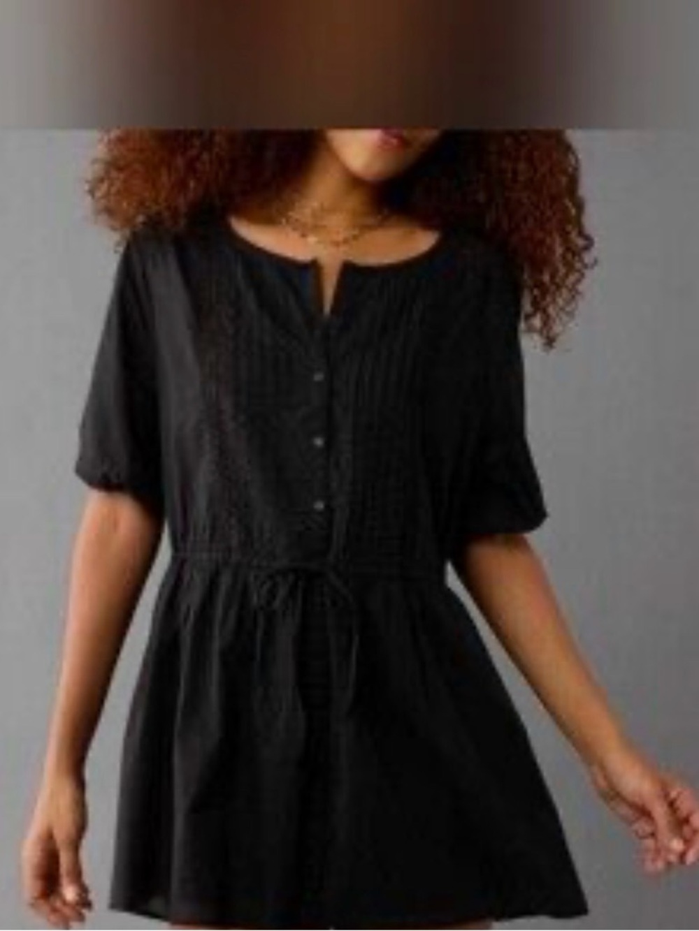 American Eagle Outfitters Black Short-Sleeve Buttoned Peplum Tunic